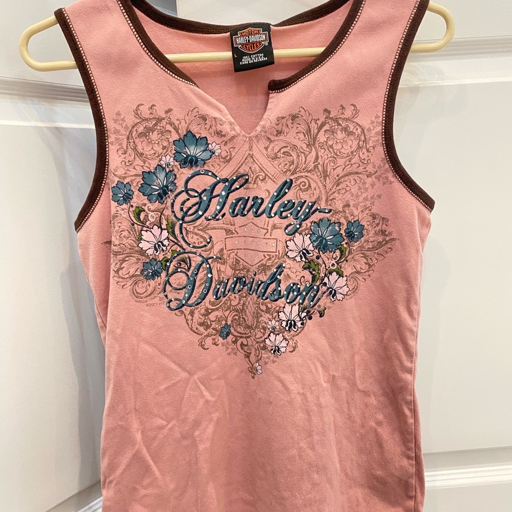 Vintage Rhinestone Harley Davidson Top in light Pink w Brown lining.